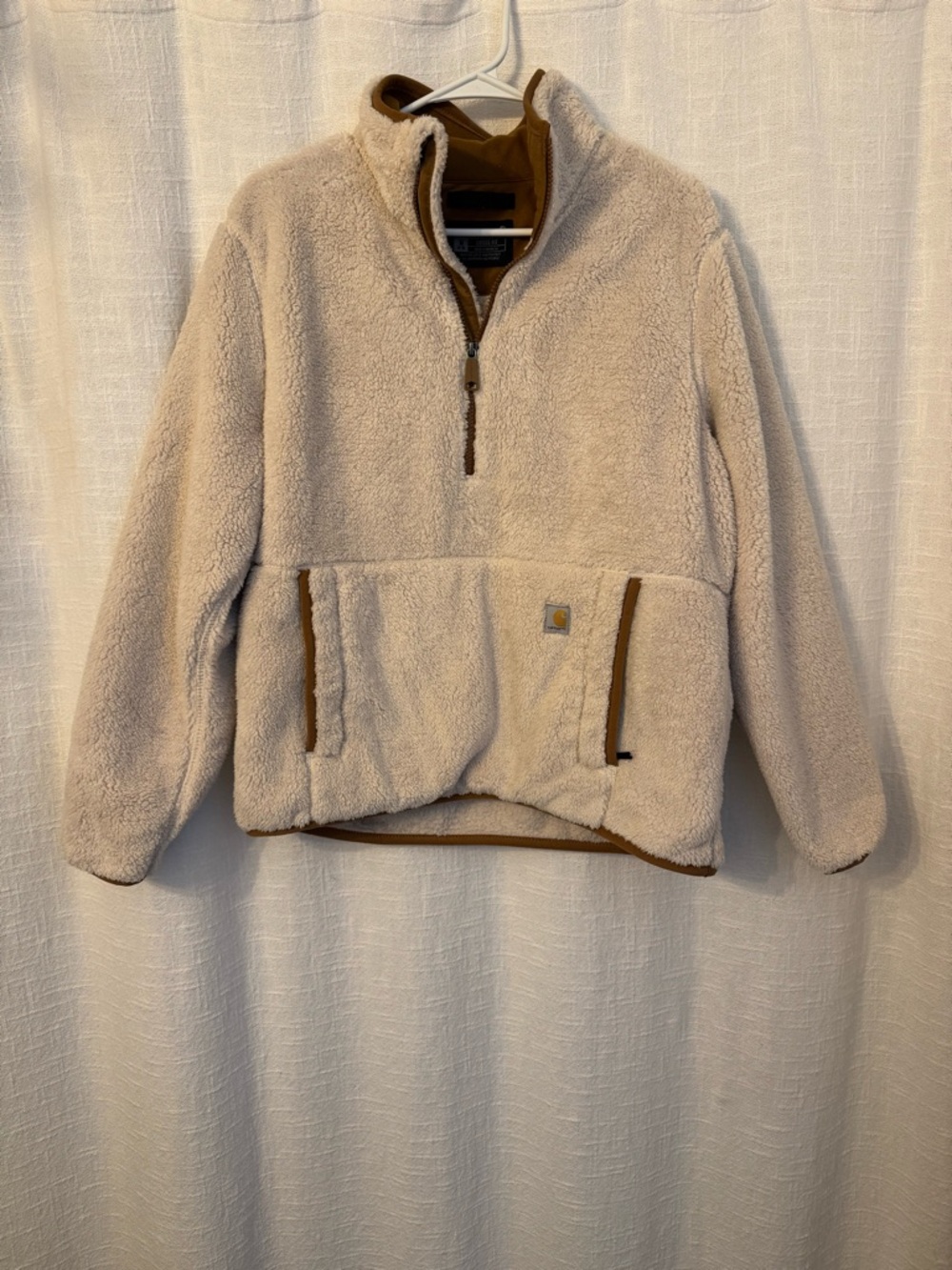 Carhartt Cream Teddy Fleece Pullover Jacket with Brown Trim